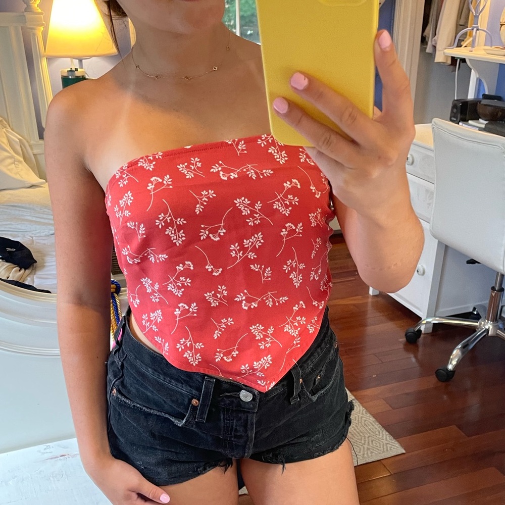 Red floral scarf top.